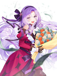 Rule 34 | 1girl, :d, artist name, ascot, black gloves, bouquet, dated, dress, drill hair, flower, gloves, hairband, highres, holding, holding bouquet, hyakumantenbara salome, hyakumantenbara salome (1st costume), long hair, looking at viewer, money, mt (ringofive), nijisanji, open mouth, purple eyes, purple hair, purple ribbon, red dress, ribbon, smile, solo, standing, tears, virtual youtuber, white ascot
