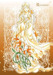 Rule 34 | 1girl, character name, closed mouth, commentary, dress, elf, english commentary, closed eyes, facing viewer, flower, galadriel, highres, kazuki-mendou, tolkien&#039;s legendarium, long hair, long sleeves, pointy ears, red flower, signature, solo, standing, the lord of the rings, wide sleeves, yellow theme