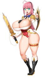 Rule 34 | 1girl, absurdres, ahoge, armor, black necktie, breasts, cleavage cutout, clothing cutout, covered navel, detached sleeves, dungeon and fighter, era (erasion), green eyes, hairband, highleg, highres, holding, holding shield, holding sword, holding weapon, huge breasts, knight, knight (dungeon and fighter), long hair, looking at viewer, necktie, open mouth, pink hair, red skirt, shield, simple background, skindentation, skirt, smile, solo, sword, thick thighs, thighs, weapon, white background