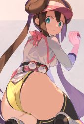 Rule 34 | 1girl, alternate costume, aqua eyes, ass, black thighhighs, brown hair, closed mouth, creatures (company), double bun, from behind, game freak, hair bun, highleg, highleg leotard, highres, holding, holding poke ball, leotard, long hair, looking at viewer, looking back, nintendo, poke ball, poke ball (basic), pokemon, pokemon bw2, rosa (pokemon), sitting, solo, spring2013, thighhighs, twintails, visor cap, wariza