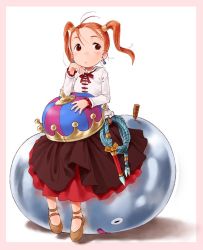 Rule 34 | 1girl, barasui, brown hair, child, crown, dragon quest, dragon quest viii, earrings, expressionless, floating hair, full body, head rest, holding, jessica albert, jewelry, long hair, looking away, metal king, metal king slime, neck ribbon, ribbon, rope, shirt, shoes, sitting, skirt, slime (dragon quest), solo, square enix, twintails