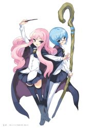 Rule 34 | 2008, 2girls, artbook, blue cloak, blue eyes, blue hair, blue skirt, blue thighhighs, blush stickers, bolo tie, cloak, closed mouth, dot mouth, full body, hand up, highres, holding, holding staff, holding wand, long hair, louise francoise le blanc de la valliere, multiple girls, no nose, official art, page number, pale skin, pantyhose, pentacle, pentagram, pink eyes, pink hair, pleated skirt, red-framed eyewear, semi-rimless eyewear, short hair, simple background, skirt, staff, tabitha (zero no tsukaima), thighhighs, under-rim eyewear, usatsuka eiji, very long hair, wand, white legwear, zero no tsukaima, zettai ryouiki