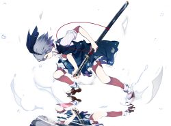 Rule 34 | 1girl, blue eyes, brown footwear, colored skin, commentary request, grey hair, highres, hitodama, holding, holding sword, holding weapon, ikurauni, konpaku youmu, looking down, multicolored clothes, reflection, short hair, short sleeves, solo, sword, touhou, weapon, white background, white legwear, white skin