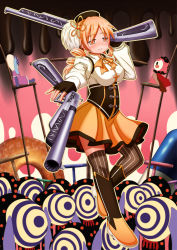 Rule 34 | 10s, 1girl, aiming, aiming at viewer, beret, blonde hair, blurry, blush, boots, breasts, brown thighhighs, chair, charlotte (madoka magica), corset, depth of field, detached sleeves, doughnut, drill hair, dual wielding, fingerless gloves, food, gloves, gun, hair ornament, hairpin, hat, highres, holding, large breasts, magical girl, magical musket, mahou shoujo madoka magica, mahou shoujo madoka magica (anime), pleated skirt, puffy sleeves, pyotr (madoka magica), ribbon, rifle, sen-asanagi, shirt, skindentation, skirt, smile, standing, standing on one leg, striped clothes, striped thighhighs, table, taut clothes, taut shirt, thighhighs, tomoe mami, twin drills, twintails, vertical-striped clothes, vertical-striped thighhighs, weapon, witch&#039;s labyrinth, yellow eyes, zettai ryouiki