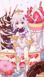 Rule 34 | 1girl, :q, artist name, cake, cake slice, chromatic aberration, doughnut, facing viewer, food, genshin impact, highres, long hair, looking at viewer, paimon (genshin impact), seigaaaa, silver hair, solo, sweets, tongue, tongue out