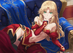 Rule 34 | 1girl, armor, bandeau, bare shoulders, black thighhighs, blonde hair, breasts, commentary request, detached collar, detached sleeves, eyes visible through hair, fate/apocrypha, fate/grand order, fate (series), faulds, green eyes, highres, long hair, looking at viewer, lying, mordred (fate), mordred (fate/apocrypha), navel, on side, parted bangs, pelvic curtain, revision, sidelocks, small breasts, smile, solo, sparkle, thighhighs, thighs, tonee