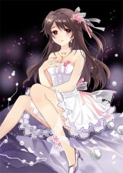 Rule 34 | 10s, 1girl, apring, bad id, bad pixiv id, bare shoulders, blush, breasts, brown eyes, brown hair, cleavage, dress, earrings, flower, hair flower, hair ornament, hand on own chest, high heels, idolmaster, idolmaster cinderella girls, jewelry, long hair, looking at viewer, medium breasts, necklace, one side up, ribbon, shimamura uzuki, side ponytail, solo, strapless, strapless dress, white dress