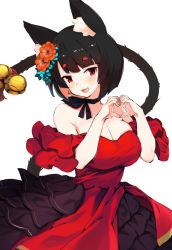 Rule 34 | 1girl, :d, animal ear fluff, animal ears, azur lane, bare shoulders, bell, black choker, black hair, black tail, breasts, cat ears, cat girl, cat tail, choker, cleavage, colored inner hair, fang, flower, hair flower, hair ornament, hands up, heart, heart hands, jingle bell, large breasts, mismatched eyebrows, multicolored hair, open mouth, orange flower, pink hair, red eyes, short hair, simple background, skin fang, smile, solo, tail, tail bell, tail ornament, tail raised, two-tone hair, white background, yamashiro (azur lane), yamashiro (dressy black cat) (azur lane), youhei 64d