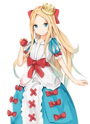 Rule 34 | 1girl, abigail williams (fate), absurdres, apple, blonde hair, blue eyes, blue skirt, blush, bow, closed mouth, collarbone, commentary request, crown, dress bow, fate/grand order, fate (series), food, forehead, fruit, hair bow, highres, holding, holding food, holding fruit, long hair, mini crown, parted bangs, puff and slash sleeves, puffy short sleeves, puffy sleeves, red apple, red bow, shirt, short sleeves, simple background, skirt, smile, solo, tilted headwear, very long hair, waist bow, white background, white shirt, yukaa