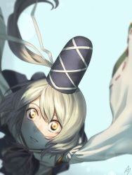 Rule 34 | 1girl, amino (tn7135), close-up, foreshortening, hat, japanese clothes, kariginu, light particles, long hair, long sleeves, looking at viewer, mononobe no futo, outstretched arms, parted lips, ponytail, silver hair, smile, solo, spread arms, sunlight, tate eboshi, touhou, wide sleeves, yellow eyes