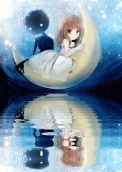 Rule 34 | 1boy, 1girl, animated, animated gif, bare shoulders, blunt bangs, brown hair, closed mouth, commentary, crescent moon, deemo, deemo (character), dress, girl (deemo), grey eyes, lake, long dress, long hair, looking at viewer, lowres, moon, night, night sky, on moon, outdoors, reflection, reflective water, sitting, sky, sleeveless, sleeveless dress, smile, solid circle eyes, star (sky), suzune hapinesu, symbol-only commentary, white dress, white eyes