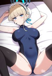 Rule 34 | 1girl, ai-assisted, athletic leotard, black thighhighs, blonde hair, blue archive, blue eyes, blue halo, blue leotard, breasts, bun cover, commentary request, covered navel, earpiece, hair bun, halo, highleg, highleg leotard, highres, large breasts, leotard, lying, on back, pyooon pyooon, solo, thighhighs, toki (blue archive)