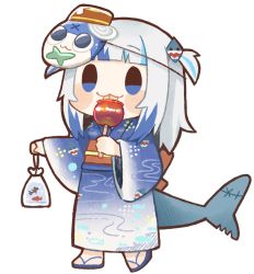 Rule 34 | 1girl, :3, :p, adapted costume, bag, bagged fish, blood, blue eyes, blue hair, blunt bangs, blush stickers, candy apple, character mask, chibi, commentary, fins, fish, fish tail, food, full body, gawr gura, hololive, hololive english, japanese clothes, kimono, long hair, mask, mask on head, multicolored hair, obi, same anko, sandals, sash, shark tail, solo, streaked hair, tail, tongue, tongue out, transparent background, two-tone hair, two side up, virtual youtuber, walking, white hair, wide sleeves, zouri