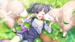 Rule 34 | 1girl, bell, black hair, blue eyes, blue overalls, blue stripes, breasts, capybara, cleavage, closed eyes, clothes pull, collarbone, cowbell, dot nose, film grain, from above, game cg, grass, hand on another&#039;s face, holding grass, itsumura yukari, izumi tsubasu, lens flare, licking, licking another&#039;s face, lying, medium breasts, non-circular lens flare, non-web source, official art, on back, one eye closed, open mouth, outdoors, overalls, polka dot, polka dot scarf, purple scarf, re:stage!, scarf, sheep, shirt, shirt pull, short hair, smile, solo, sparkle, striped clothes, striped shirt, twintails, white shirt