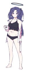 Rule 34 | absurdres, aged up, barefoot, belly, blue archive, blue hair, coffee mug, cup, halo, highres, holding, holding cup, holding paper, long hair, mug, navel, panties, paper, shade of trees, underwear, white background, yuuka (blue archive)