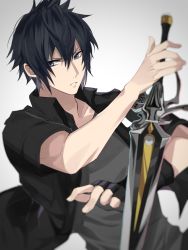 Rule 34 | 1boy, black collar, black hair, black jacket, blue eyes, collar, final fantasy, final fantasy xv, fingerless gloves, gloves, grey shirt, hair between eyes, highres, holding, holding sword, holding weapon, jacket, looking to the side, male focus, noctis lucis caelum, open clothes, open jacket, parted lips, shirt, short hair, single glove, spiked hair, sword, weapon, yawatofu