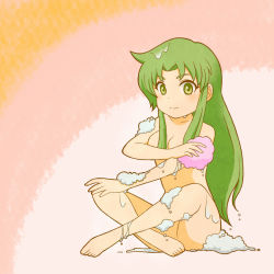 Rule 34 | 1girl, barefoot, bathing, breasts, censored, chairoino ino, cleavage, convenient censoring, convenient leg, ganbare goemon, green eyes, green hair, long hair, matching hair/eyes, nude, sitting, smile, soap bubbles, solo, water, wet, yae (ganbare goemon)