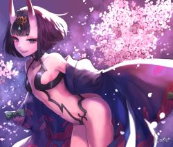 Rule 34 | 1girl, ass, backlighting, blunt bangs, bob cut, breasts, cherry blossoms, cowboy shot, fate/grand order, fate (series), hair ornament, horns, japanese clothes, kona (mmm3608), outdoors, revealing clothes, ribbon, shuten douji (fate), shuten douji (first ascension) (fate), small breasts, solo, thighs