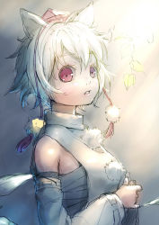 Rule 34 | 1girl, animal ears, armais (me-chan337), bandages, detached sleeves, from side, hair between eyes, inubashiri momiji, looking at viewer, own hands together, parted lips, red eyes, sarashi, shirt, short hair, sleeveless, sleeveless shirt, solo, touhou, white hair, white shirt, wolf ears