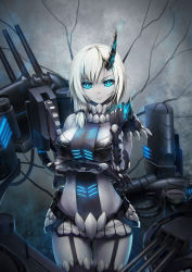 Rule 34 | 1girl, abyssal ship, against wall, armor, asymmetrical bangs, asymmetrical clothes, bare shoulders, belt, black gloves, black sclera, black thighhighs, blue eyes, breastplate, breasts, cannon, capsule, clenched hand, closed mouth, collar, colored sclera, cowboy shot, crevice, dark persona, elbow gloves, expressionless, garter straps, gears, gloves, hair over shoulder, highres, horns, large breasts, looking at viewer, low ponytail, machinery, midriff, miniskirt, revealing clothes, rodney (warship girls r), short hair, shoulder pads, silver hair, single horn, skirt, solo, thighhighs, turret, warship girls r, white skirt, xiaoyin li