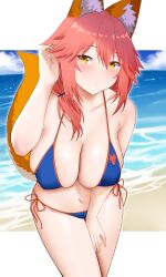 Rule 34 | 1girl, absurdres, adjusting hair, animal ears, arind yudha, armpit crease, bare arms, bare shoulders, beach, bikini, blue bikini, blue sky, blush, breasts, cleavage, closed mouth, cloud, cloudy sky, collarbone, commentary, curvy, day, fate/grand order, fate (series), fingernails, fox ears, fox girl, fox tail, hair tie, hand on own thigh, highres, large breasts, leaning forward, looking at viewer, looking to the side, low ponytail, navel, ocean, orange trim, outdoors, pink hair, sand, side-tie bikini bottom, sky, solo, standing, stomach, swimsuit, tail, tamamo (fate), tamamo no mae (fate/extra), tamamo no mae (swimsuit lancer) (fate), thighs, white background, wide hips, yellow eyes