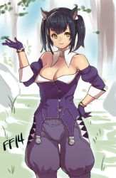 Rule 34 | 10s, 1girl, animal ears, bare shoulders, black hair, breasts, cat ears, cleavage, final fantasy, final fantasy xiv, gloves, hand on own hip, houtengeki, miqo&#039;te, short hair, smile, solo, twintails, warrior of light (ff14), yellow eyes