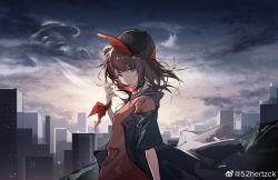 Rule 34 | 52hertz, absurdres, animal ears, arknights, baseball cap, bear ears, black hair, black jacket, blue eyes, brown hair, chinese commentary, cigarette, cityscape, cloud, cloudy sky, from side, hair ornament, hat, highres, holding, holding cigarette, jacket, looking at viewer, medium hair, official alternate costume, outdoors, red shirt, shirt, sky, smile, smoke, smoking, upper body, weibo watermark, x hair ornament, zima (arknights), zima (ursus) (arknights)