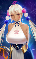 Rule 34 | 1girl, arms behind back, bare shoulders, blonde hair, breasts, dark-skinned female, dark skin, easonx, elbow gloves, gloves, hair ornament, highres, holocouncil, hololive, hololive english, large breasts, long hair, looking at viewer, planet hair ornament, smile, solo, tsukumo sana, tsukumo sana (1st costume), twintails, virtual youtuber, yatagarasu (tsukumo sana), yellow eyes