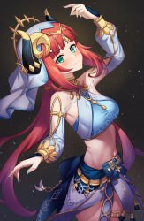 Rule 34 | 1girl, absurdres, arm up, blush, breasts, closed mouth, genshin impact, green eyes, highres, horns, long hair, long sleeves, looking at viewer, medium breasts, navel, nilou (genshin impact), pizza (pizzania company), red hair, smile, solo, stomach, thighs, veil, vision (genshin impact)