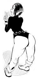 Rule 34 | 1girl, ankle boots, ass, bare legs, bob cut, boots, dc comics, forehead jewel, from behind, greyscale, highres, legs, leotard, monochrome, monochrome, polyle, raven (dc), reading, short hair, solo, teen titans, thong leotard