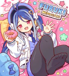 Rule 34 | 1girl, antenna hair, black pantyhose, blue archive, blue hair, blue hat, blue necktie, blue skirt, blue vest, blush, character name, collared shirt, doughnut, food, fubuki (blue archive), grey hair, halo, hat, holding, holding food, jacket, long hair, long sleeves, looking at viewer, multicolored hair, necktie, onyhakase, open clothes, open jacket, open mouth, pantyhose, peaked cap, pink halo, red eyes, shirt, skirt, soles, solo, toes, twintails, vest, white jacket, white shirt