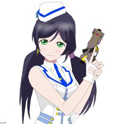 Rule 34 | 1girl, aqua eyes, artist name, artist request, bare shoulders, blue neckwear, blush, bow, bowtie, breasts, collared dress, collared shirt, dress, earrings, feathers, female focus, fingerless gloves, garrison cap, gloves, green eyes, gun, hair ornament, hat, hat feather, holding, holding gun, holding weapon, jewelry, long hair, long twintails, looking at viewer, love live!, love live! school idol project, low twintails, necktie, parted lips, pleated, pleated dress, purple hair, sailor, sailor collar, sailor dress, shirt, sleeveless, sleeveless dress, sleeveless shirt, small breasts, smile, solo, tojo nozomi, twintails, upper body, weapon, white background, white dress, white feathers, white gloves, white hat, white sailor collar, white shirt, wing collar, wonderful rush
