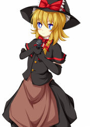 Rule 34 | 1girl, apron, black capelet, black gloves, black hat, black skirt, black vest, blonde hair, blue eyes, blush, bow, bowtie, bright pupils, brown apron, buttons, capelet, closed mouth, commentary request, cookie (touhou), elbow gloves, feet out of frame, frilled bow, frilled hat, frills, gloves, hair between eyes, hair bow, hat, hat bow, highres, holding, holding microphone, kirisame marisa, long hair, looking at viewer, meguru (cookie), microphone, red bow, red bowtie, simple background, skirt, smile, solo, szk, touhou, vest, waist apron, white background, white pupils, witch hat