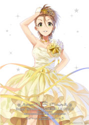 Rule 34 | 1girl, breasts, brown hair, cleavage, copyright name, dress, earrings, from below, gloves, green eyes, hair between eyes, hair ornament, hand on own head, hand on own hip, happy birthday, idolmaster, idolmaster cinderella girls, jewelry, kimura natsuki, looking at viewer, medium breasts, mizuki makoto, parted lips, short hair, sleeveless, sleeveless dress, smile, solo, standing, star (symbol), strapless, strapless dress, twitter username, white gloves, yellow dress