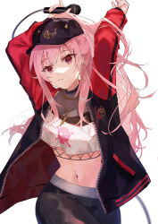 Rule 34 | 1girl, absurdres, arms up, bare shoulders, baseball cap, black choker, black hat, black pants, breasts, choker, crop top, crop top overhang, earrings, fang qiao, fishnets, hat, highres, hololive, hololive english, hoop earrings, jacket, jewelry, large breasts, long hair, long sleeves, looking at viewer, microphone, midriff, mori calliope, mori calliope (streetwear), off shoulder, official alternate costume, open clothes, open jacket, pants, pink eyes, pink hair, ponytail, red jacket, shirt, sidelocks, skull, sleeveless, sleeveless shirt, solo, virtual youtuber, white shirt