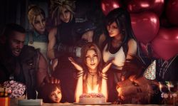 Rule 34 | 3boys, 3d, 4girls, aerith gainsborough, apron, armor, asymmetrical bangs, balloon, barret wallace, birthday cake, black hair, blonde hair, bracelet, brown hair, brown vest, cake, candle, child, choker, closed eyes, cloud strife, crossed arms, dress, elmyra gainsborough, facial mark, father and daughter, final fantasy, final fantasy vii, final fantasy vii remake, fingerless gloves, food, gainsborough house, gloves, green dress, hair between eyes, hair bun, hand on another&#039;s head, hands up, hat, highres, jacket, jewelry, long hair, marlene wallace, multiple boys, multiple girls, muscular, muscular male, necklace, parted bangs, party hat, plate, red fur, red jacket, red xiii, ria-neearts, scar, scar on face, shirt, shoulder armor, sidelocks, single hair bun, sleeveless, sleeveless turtleneck, spiked hair, square enix, tifa lockhart, torn clothes, torn sleeves, turtleneck, upper body, very long hair, vest, wavy hair, white shirt