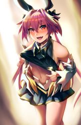 Rule 34 | 1boy, astolfo (fate), astolfo (saber) (fate), black bow, black ribbon, blush, bow, bowtie, comic-z, detached sleeves, fang, fate/apocrypha, fate/grand order, fate (series), hair bow, hair intakes, hair ribbon, highres, long hair, looking at viewer, male focus, multicolored hair, navel, pink hair, pleated skirt, purple eyes, ribbon, skin fang, skirt, smile, solo, streaked hair, trap, twintails, white hair