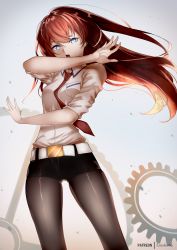 Rule 34 | 1girl, absurdres, artist name, belt, black pantyhose, black shorts, blue eyes, breasts, collared shirt, cowboy shot, gears, grey background, highres, long hair, long sleeves, looking at viewer, makise kurisu, medium breasts, necktie, open mouth, pantyhose, patreon username, red hair, red necktie, shirt, short shorts, shorts, simple background, sleeves rolled up, solo, steins;gate, white shirt, wind, zasshu