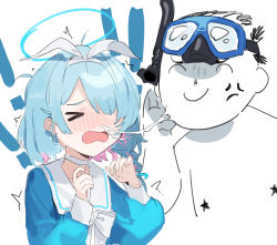 Rule 34 | &gt; &lt;, 1boy, 1girl, ^ ^, absurdres, anger vein, doodle sensei (blue archive), arona (blue archive), blue archive, blue hair, blue shirt, blush, bow, bow hairband, bowtie, choker, closed eyes, goggles, goggles on head, hairband, highres, long sleeves, medium hair, nose blush, open mouth, sailor collar, sensei (blue archive), sh (shinh), shirt, snorkel, snot, snot trail, trembling, upper body