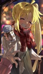 Rule 34 | 2girls, blonde hair, blush, bocchi the rock!, can, canned coffee, closed eyes, coffee, commentary request, drink can, gotoh hitori, hakoneko (marisa19899200), highres, holding, holding can, ijichi nijika, jacket, long hair, multiple girls, pink jacket, pink track suit, pov, red scarf, scarf, side ponytail, sidelocks, smile, sweatdrop