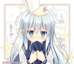 Rule 34 | 10s, 1girl, akitsuki tsukasa, blue eyes, blush, commentary request, covering own mouth, hand on another&#039;s head, hat, headpat, hibiki (kancolle), kantai collection, long hair, looking at viewer, pov, pov hands, school uniform, serafuku, silver hair, simple background, solo focus, sparkle, thought bubble, translation request, unworn hat, unworn headwear