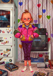 Rule 34 | 10s, 1girl, 2019, blonde hair, blue eyes, blue shirt, box, cardboard box, chest of drawers, controller, cookie, cow, curtains, earrings, flat chest, food, fruit, game console, game controller, glasses, hairband, heart, heart print, highres, idfer, jacket, jewelry, k.i.t.t, knight rider, long sleeves, looking at viewer, magazine (object), mario (series), namco, nes, nes cartridge, nes controller, nintendo, nintendo power, pac-man, pac-man (game), pants, pink jacket, pinky (pacman), polka dot, polka dot pants, poster (object), power strip, purple pants, rabbit, rainbow, shirt, short hair, smile, socks, standing, star (symbol), sticker, strawberry, stuffed animal, stuffed toy, super mushroom, teddy bear, television, topknot, videocassette recorder, white socks