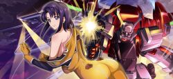 Rule 34 | 1girl, artist request, ass, assault rifle, bodysuit, breasts, cecile croomy, closed mouth, cloud, code geass, code geass: lost stories, cowboy shot, dressing, dutch angle, female focus, firing, from behind, game cg, gloves, gun, highres, holding, holding gun, holding weapon, long sleeves, looking at viewer, looking back, matching hair/eyes, mecha, medium breasts, medium hair, muzzle flash, non-web source, off shoulder, official art, orange bodysuit, orange gloves, outdoors, purple eyes, purple hair, purple sky, rifle, robot, sidelocks, single bare shoulder, skin tight, sky, solo, standing, sunset, sutherland (code geass), weapon