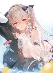 Rule 34 | 1girl, anchorage (azur lane), anchorage (dolphins and swim lessons) (azur lane), azur lane, bandaid, bare shoulders, blush, brown hair, collarbone, commentary request, crossed bangs, hair ornament, long hair, long sleeves, looking at viewer, official alternate costume, parted lips, red eyes, sea nami, see-through, signature, smile, swimsuit, twintails