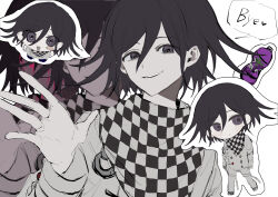 Rule 34 | 1boy, :d, absurdres, black eyes, black hair, blood, blush stickers, bottle, buttons, checkered clothes, checkered scarf, chibi, danganronpa (series), danganronpa v3: killing harmony, double-breasted, fanta, flipped hair, hand up, heart, highres, long sleeves, male focus, multiple views, oma kokichi, open mouth, purple eyes, scarf, smile, speech bubble, teeth, wa noko