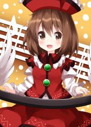 Rule 34 | 1girl, brown background, brown eyes, brown hair, buttons, collar, frills, gradient background, hair between eyes, hands up, hat, highres, instrument, long sleeves, looking at viewer, lyrica prismriver, musical note, open mouth, piano, puffy sleeves, red hat, red skirt, red vest, ruu (tksymkw), shirt, short hair, skirt, smile, solo, touhou, vest, white shirt, white sleeves, yellow background