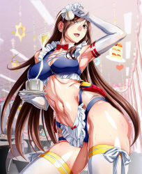 Rule 34 | apron, arm above head, arm up, armpits, bare shoulders, bikini, blue bikini, bow, bowtie, breasts, brown eyes, brown hair, cleavage, contrapposto, cowboy shot, elbow gloves, frilled apron, frilled bikini, frills, gloves, hair over one eye, hip focus, indoors, legs apart, linea alba, long hair, looking at viewer, maid, maid apron, maid bikini, maid headdress, medium breasts, midriff, navel, open mouth, parted bangs, red bow, see-through, shino (comic penguin club), shiny clothes, shiny skin, sidelocks, skindentation, smile, standing, sweat, swimsuit, thighhighs, thighs, unconventional maid, very long hair, waist apron, white apron, white legwear, wide hips