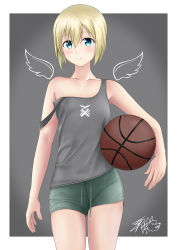 Rule 34 | 1girl, absurdres, armpit peek, ball, basketball, basketball (object), blonde hair, blue eyes, blush, border, breasts, closed mouth, collarbone, erica hartmann, green shorts, grey background, grey tank top, highres, holding, holding ball, looking at viewer, satukiookami, shiny skin, short hair, shorts, simple background, small breasts, smile, solo, strike witches, tank top, white border, world witches series