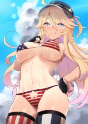 Rule 34 | 1girl, :q, ahoge, american flag bikini, american flag legwear, bikini, blonde hair, blue eyes, blue sky, blush, bracelet, breasts, cloud, covered erect nipples, day, flag print, from below, gloves, hair between eyes, hand on own hip, hat, iowa (kancolle), jewelry, kantai collection, large breasts, long hair, looking at viewer, messy hair, navel, shin (new), side-tie bikini bottom, skindentation, sky, smile, solo, star-shaped pupils, star (symbol), star print, string bikini, striped clothes, striped thighhighs, sweat, swimsuit, symbol-shaped pupils, thighhighs, tongue, tongue out, underboob, v