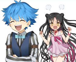Rule 34 | 1boy, 1girl, @ @, aged down, babydoll, bare shoulders, black hair, blue hair, blue vest, bow, bowtie, breasts, chest tattoo, closed eyes, double bun, dress swimsuit, facial mark, fate/extra, fate/extra ccc, fate/grand order, fate (series), forehead mark, hair bun, hans christian andersen (fate), laughing, long hair, long sleeves, meiji ken, multicolored hair, one-piece swimsuit, open mouth, parted bangs, pink babydoll, pink hair, pink one-piece swimsuit, sessyoin kiara, sessyoin kiara (lily), shirt, short hair, small breasts, smile, streaked hair, striped clothes, striped shirt, swimsuit, swimsuit under clothes, tattoo, tearing up, vertical-striped clothes, vertical-striped shirt, very long hair, vest, wavy hair, yellow eyes